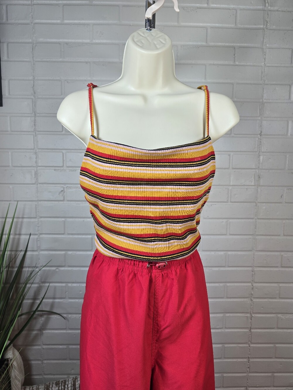 Astr Striped Spaghetti Strap Bodysuit Yellow Red Black Cream Large